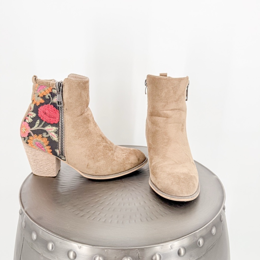 Tiara Tan and Red Ankle Booties with Floral Design